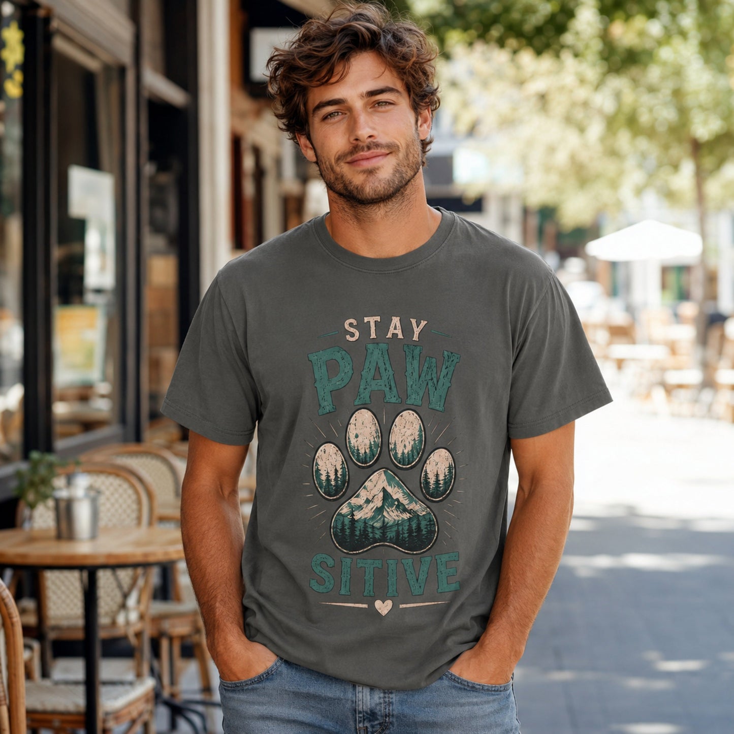 Man wearing a pepper Stay Pawsitive T-shirt in an outdoor cafe setting.