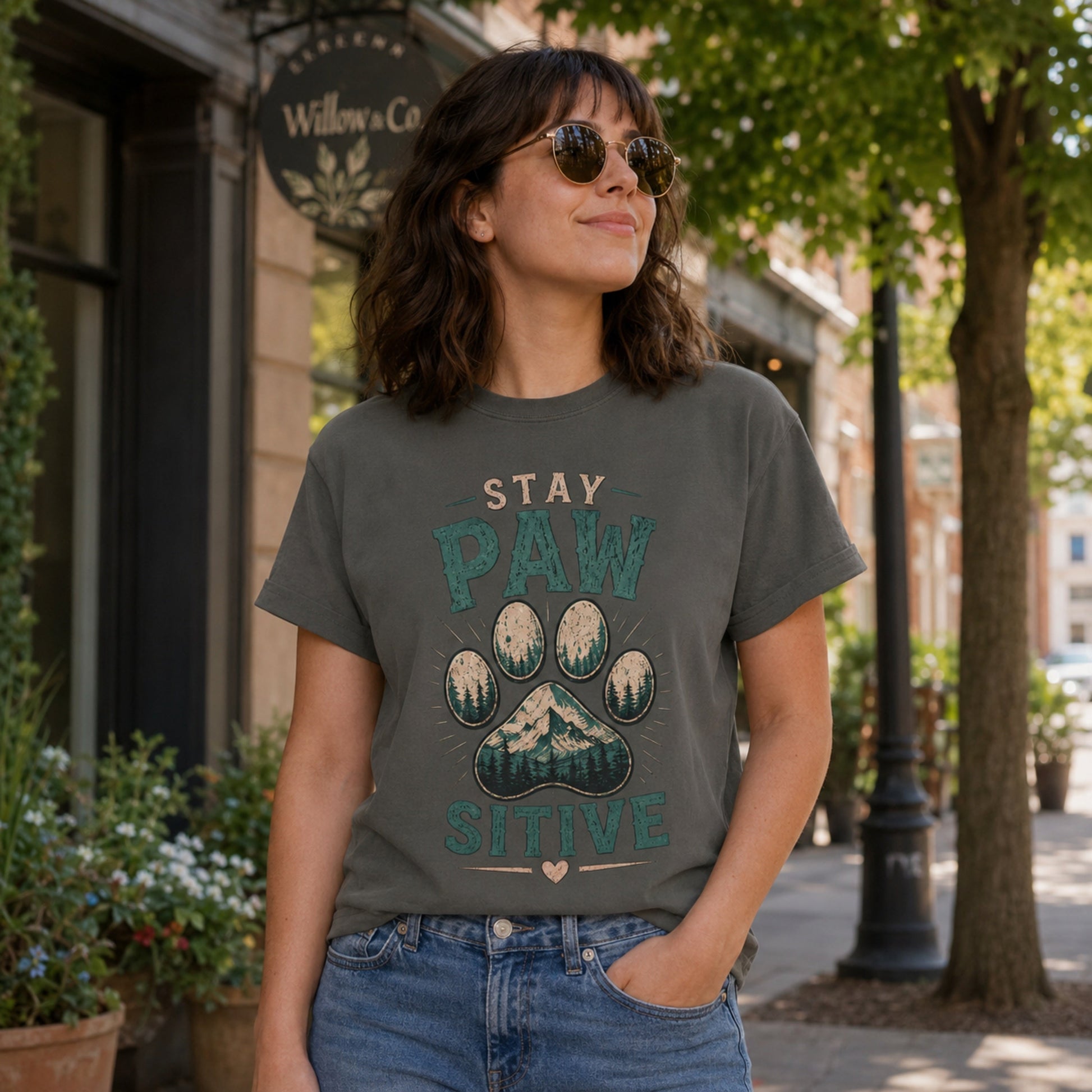 Woman wearing a pepper Stay Pawsitive T-shirt on a boutique street.