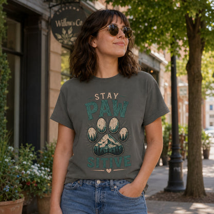 Woman wearing a pepper Stay Pawsitive T-shirt on a boutique street.