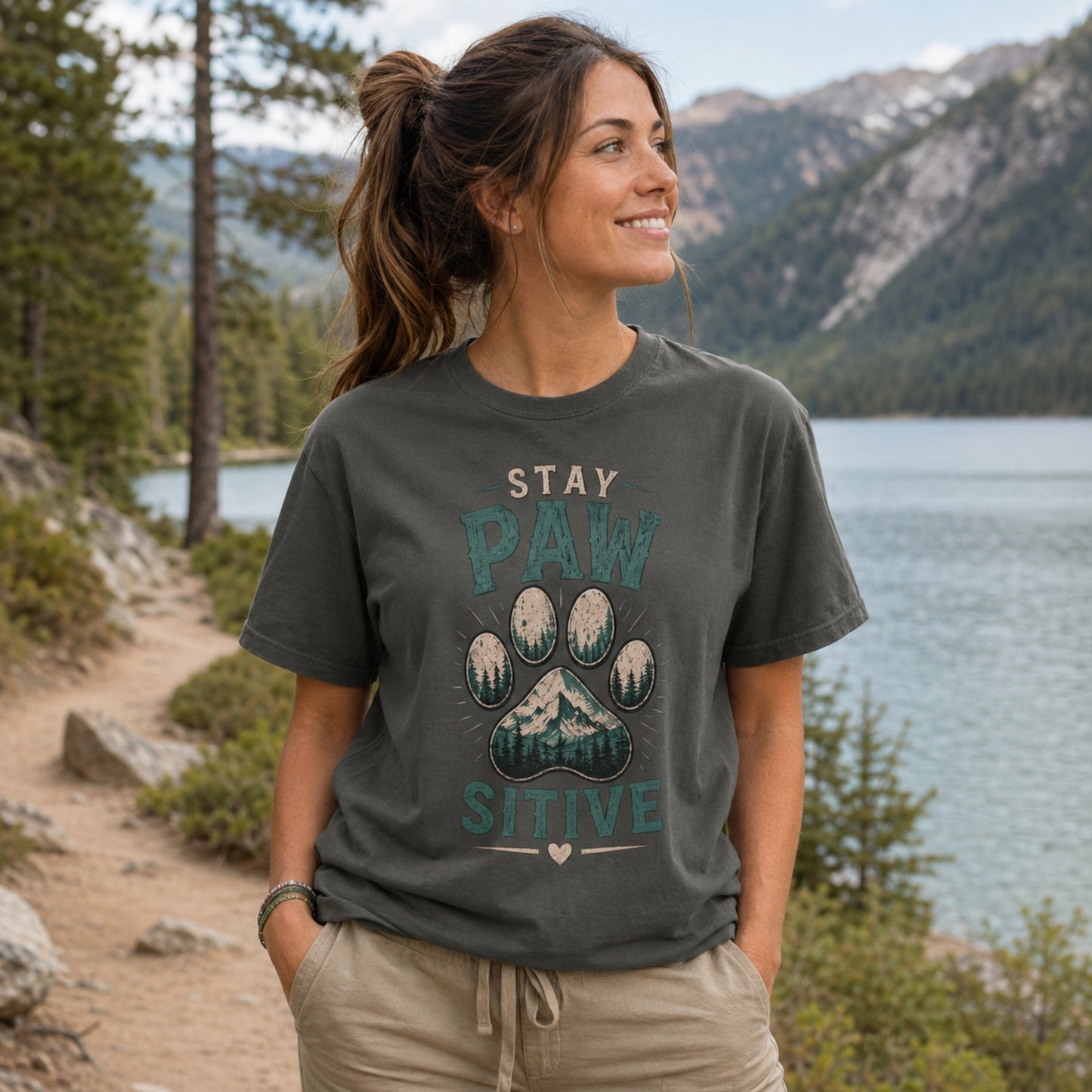 Woman wearing a pepper Stay Pawsitive T-shirt on a lakeside mountain trail.