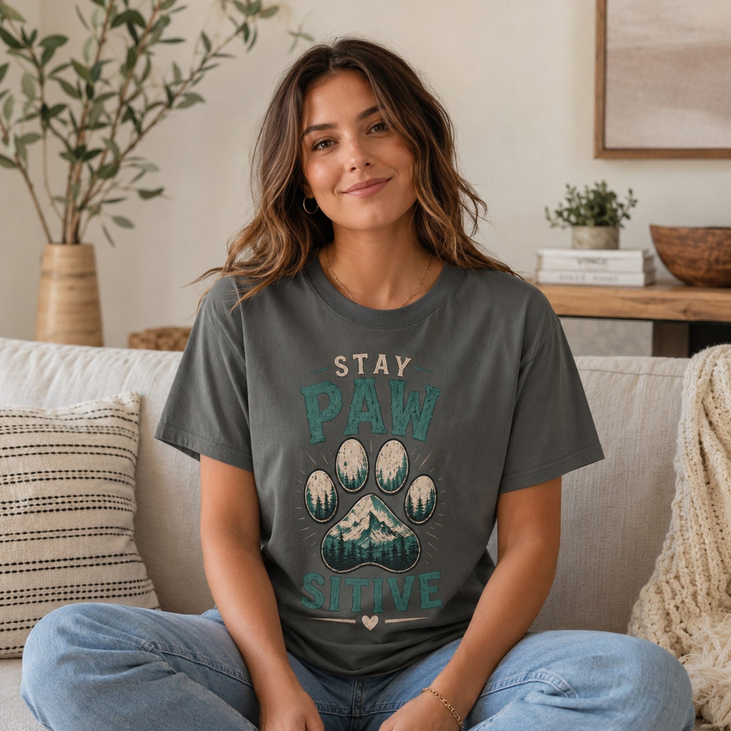 Woman wearing a pepper Stay Pawsitive T-shirt while sitting on a sofa in a living room.