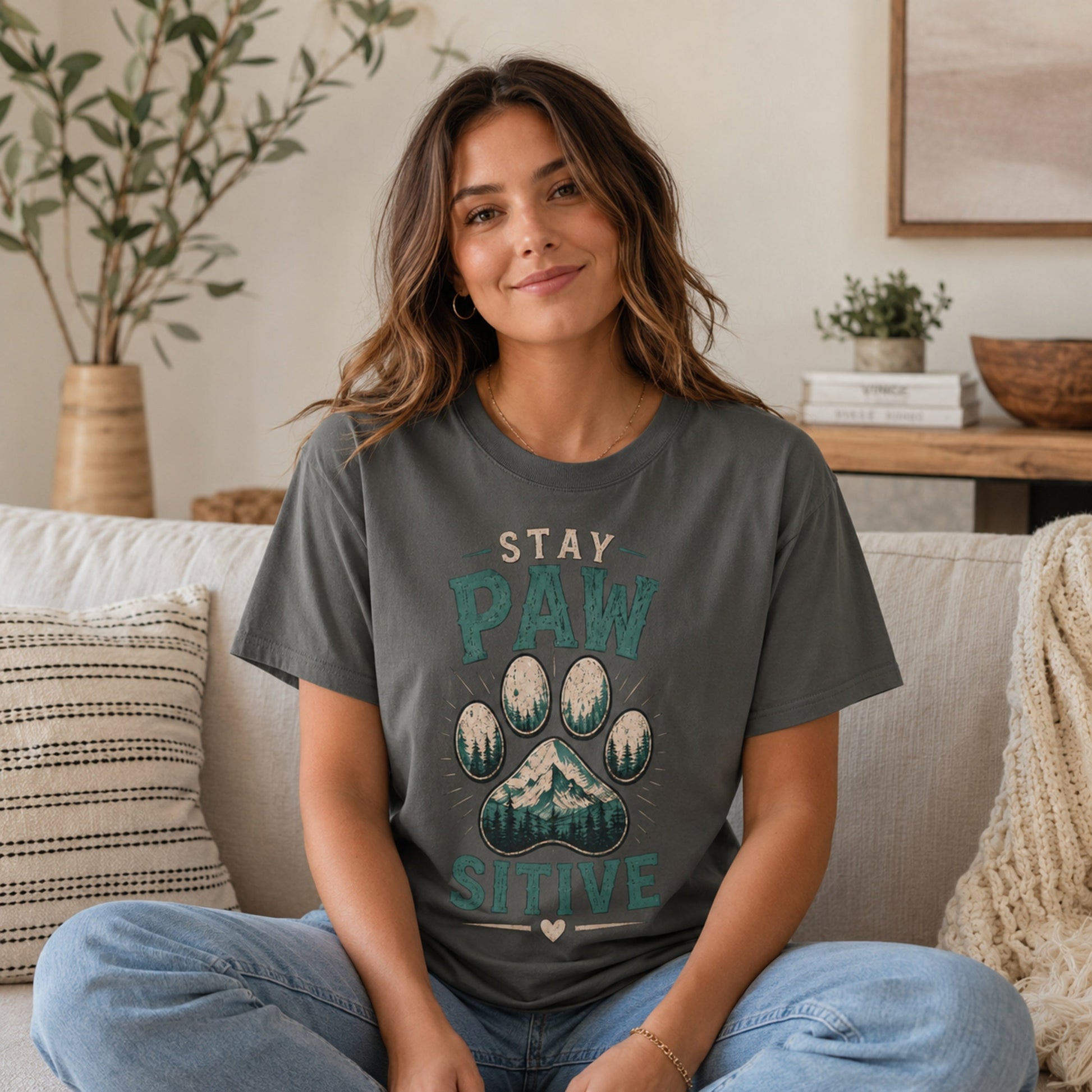 Woman wearing a pepper Stay Pawsitive T-shirt while sitting on a sofa in a living room.