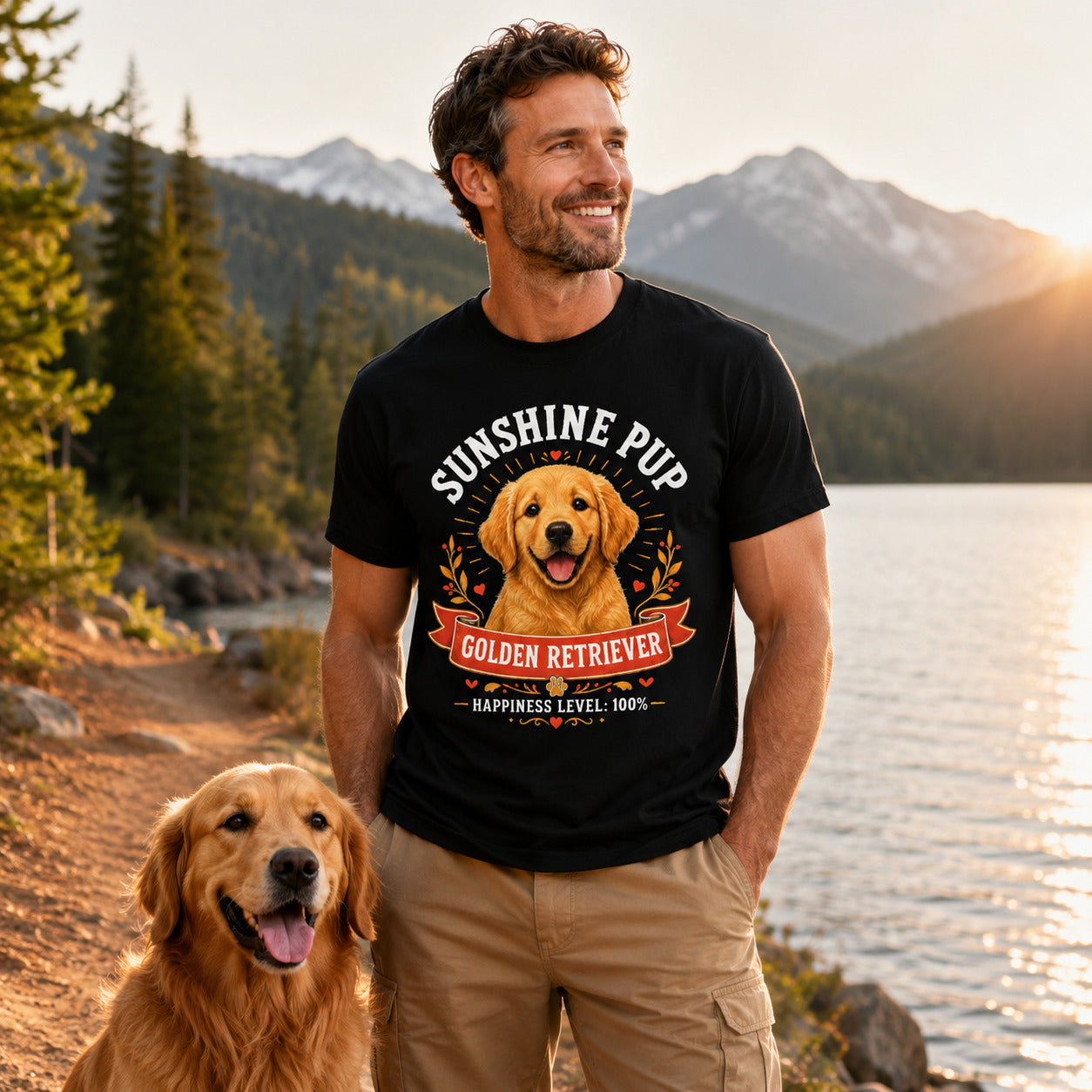 Man standing lakeside in front of mountains with his golden retriever, wearing black 'Sunshine Pup Golden Retriever' t-shirt