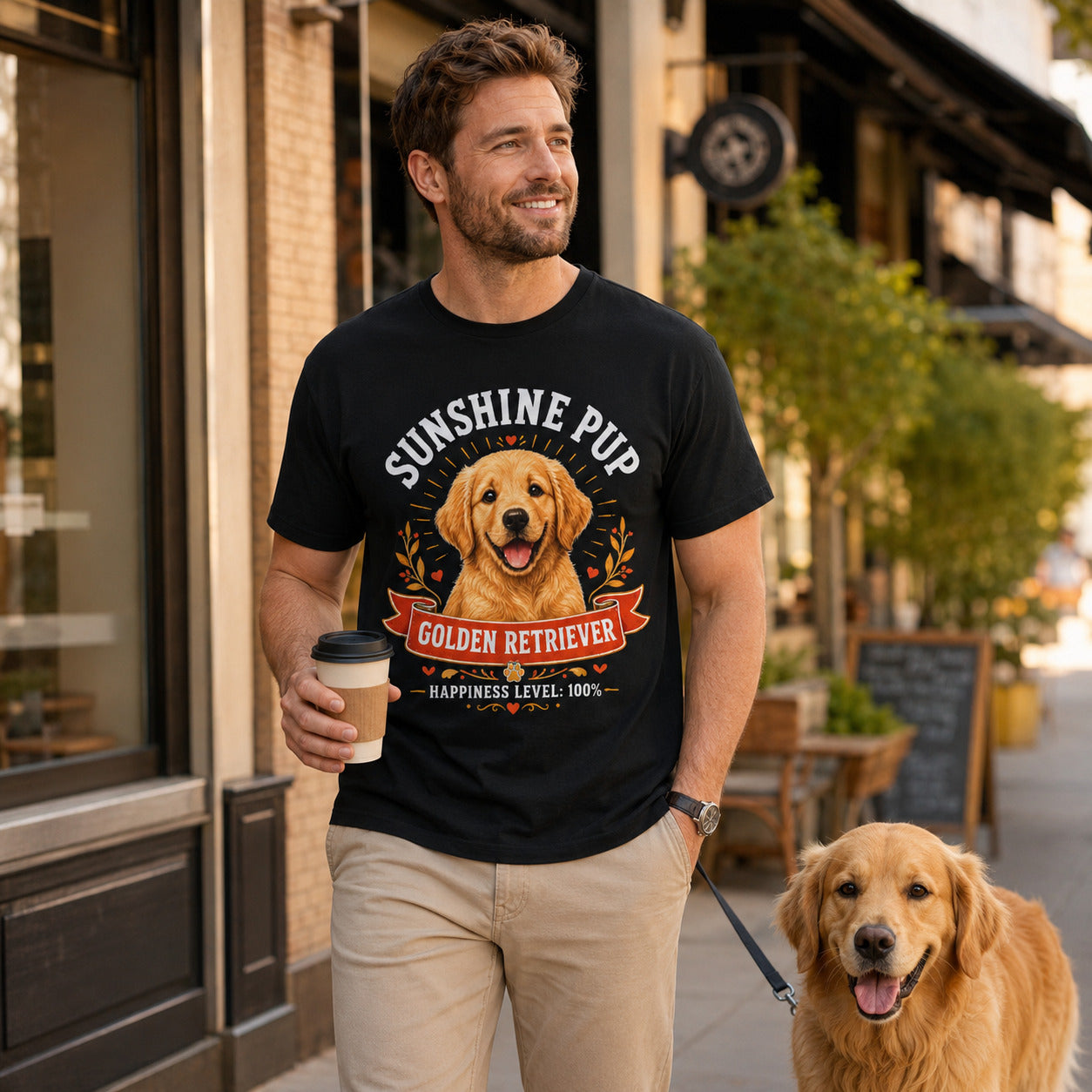 Man walking a street holding coffee with his golden retriever, wearing black 'Sunshine Pup Golden Retriever' t-shirt
