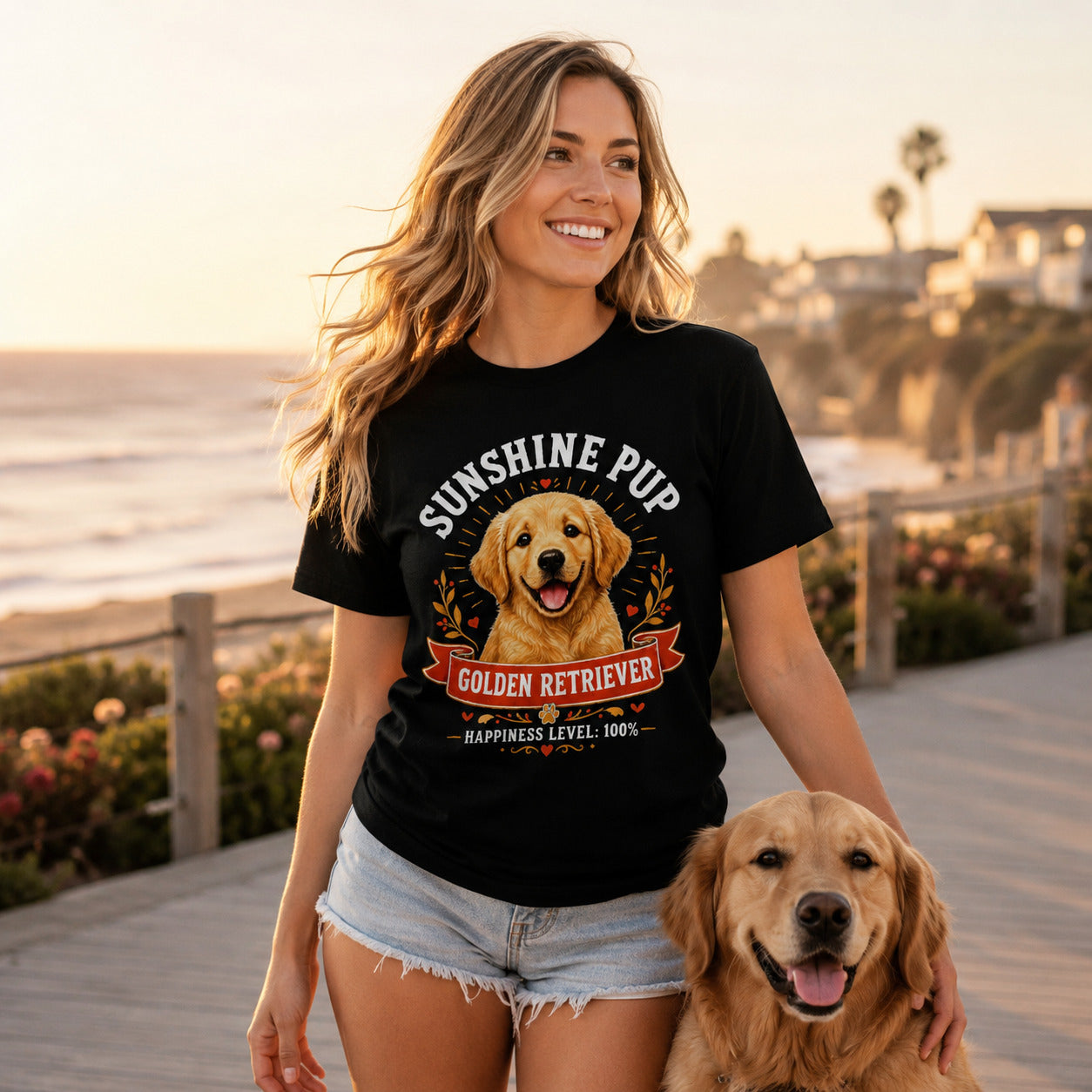 Woman walking a beach boardwalk with her golden retriever, wearing black 'Sunshine Pup Golden Retriever' t-shirt