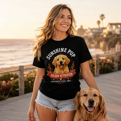 Woman walking a beach boardwalk with her golden retriever, wearing black 'Sunshine Pup Golden Retriever' t-shirt