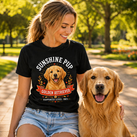 Woman sitting in a park with her golden retriever, wearing black 'Sunshine Pup Golden Retriever' t-shirt