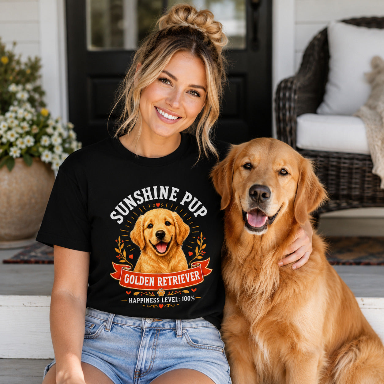 Woman sitting on a porch with her golden retriever, wearing black 'Sunshine Pup Golden Retriever' t-shirt