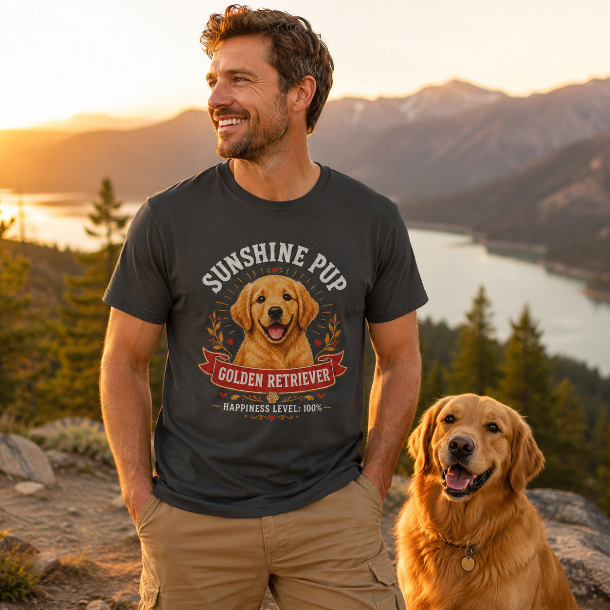 Man standing lakeside in front of mountains with his golden retriever, wearing graphite 'Sunshine Pup Golden Retriever' t-shirt