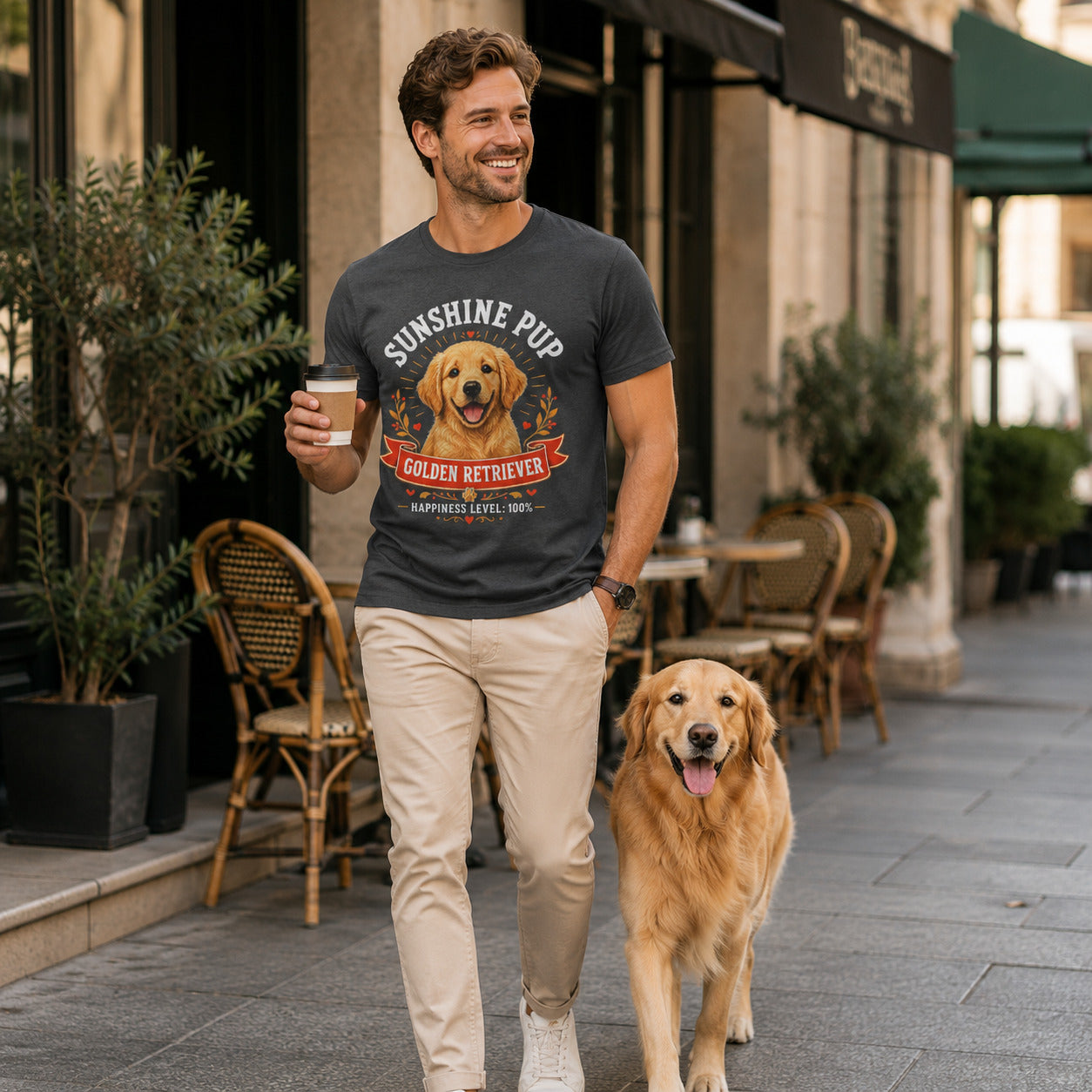 Man walking a street holding coffee with his golden retriever, wearing graphite 'Sunshine Pup Golden Retriever' t-shirt