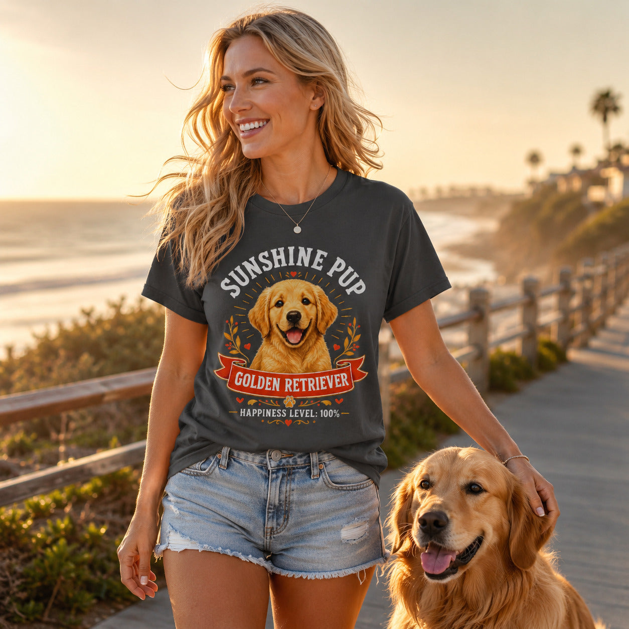 Woman walking a beach boardwalk with her golden retriever, wearing graphite 'Sunshine Pup Golden Retriever' t-shirt