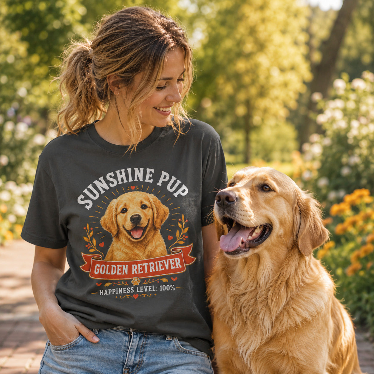 Woman walking a park path with her golden retriever, wearing graphite 'Sunshine Pup Golden Retriever' t-shirt