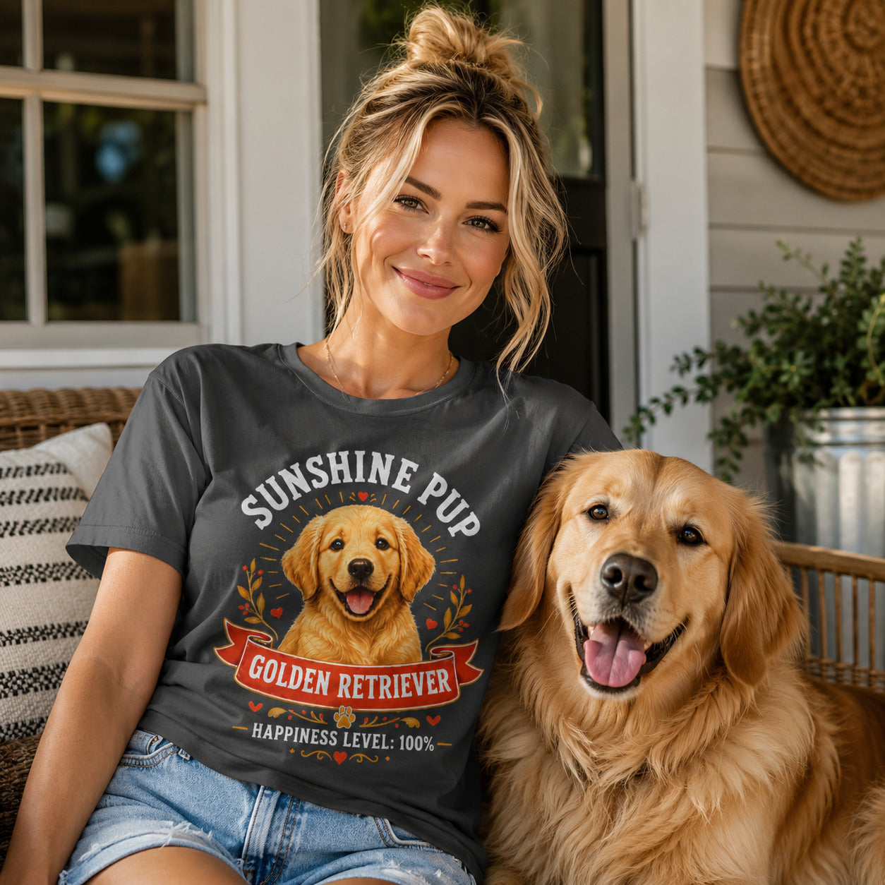 Woman sitting on a porch with her golden retriever, wearing graphite 'Sunshine Pup Golden Retriever' t-shirt