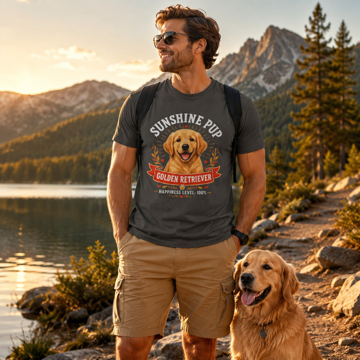 Man standing lakeside in front of mountains with his golden retriever, wearing pepper 'Sunshine Pup Golden Retriever' t-shirt