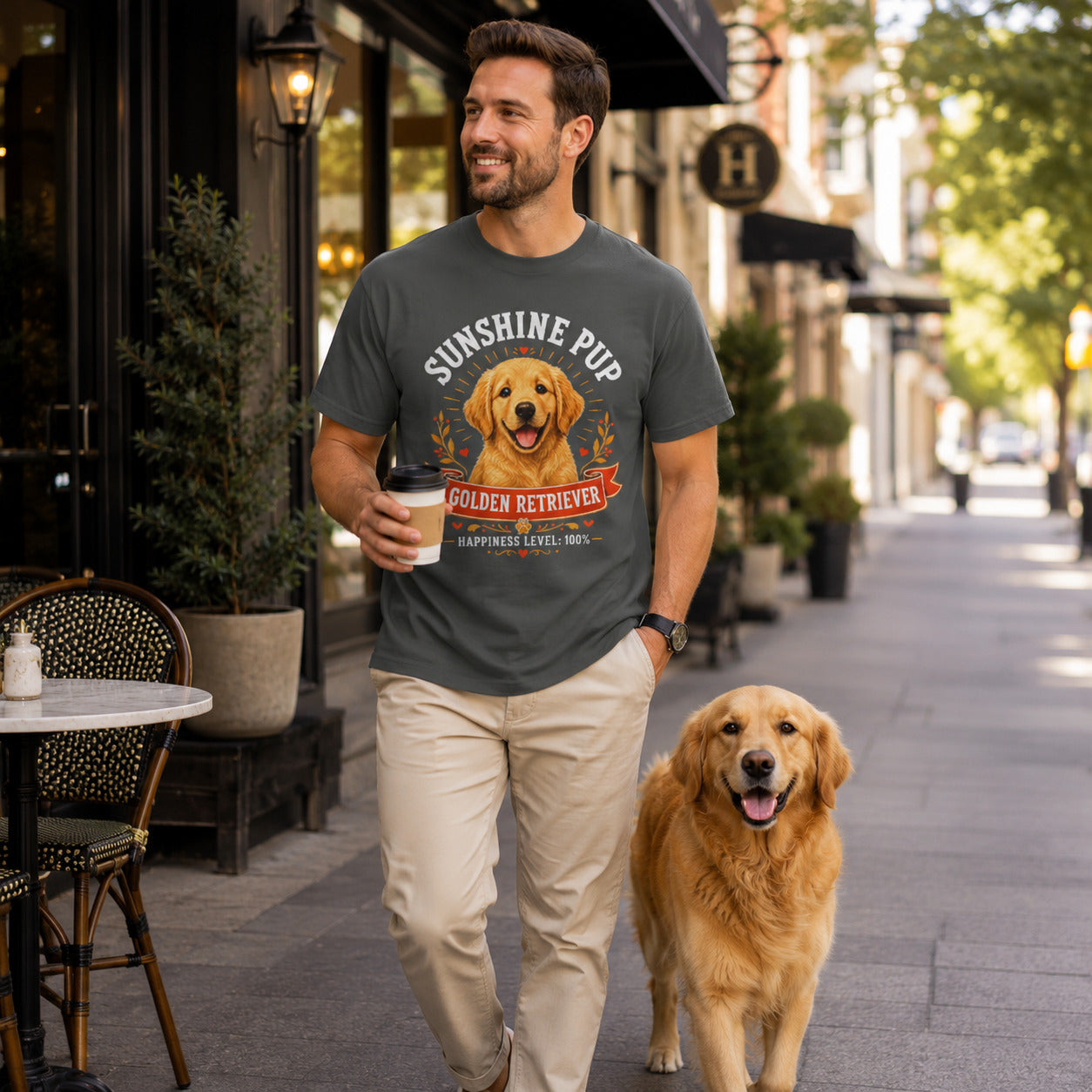 Man walking a street holding coffee with his golden retriever, wearing pepper 'Sunshine Pup Golden Retriever' t-shirt
