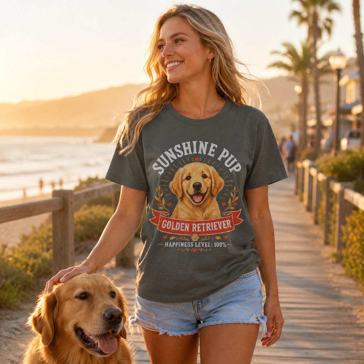 Woman walking a beach boardwalk with her golden retriever, wearing pepper 'Sunshine Pup Golden Retriever' t-shirt
