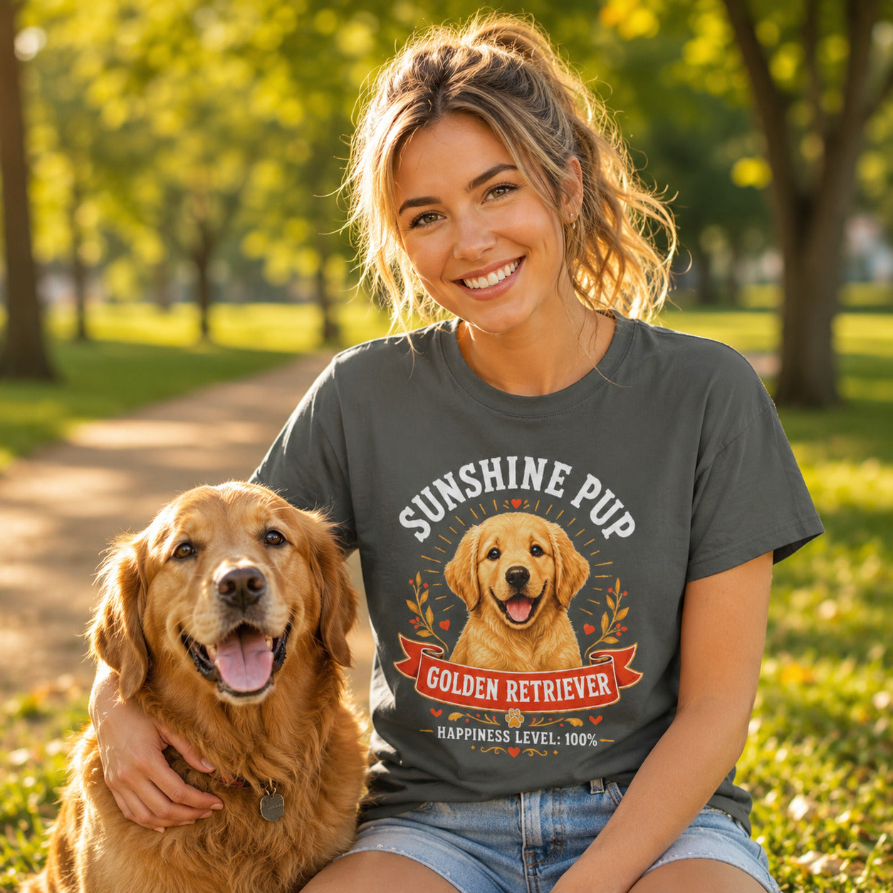Woman walking a park path with her golden retriever, wearing pepper 'Sunshine Pup Golden Retriever' t-shirt