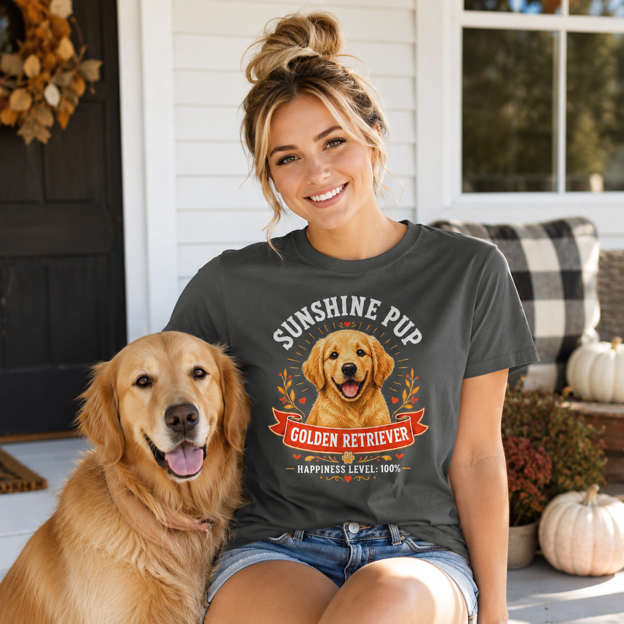 Woman sitting on a porch with her golden retriever, wearing pepper 'Sunshine Pup Golden Retriever' t-shirt