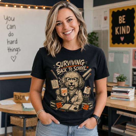 Woman wearing a black Surviving Back to School dog teacher T-shirt in a classroom.