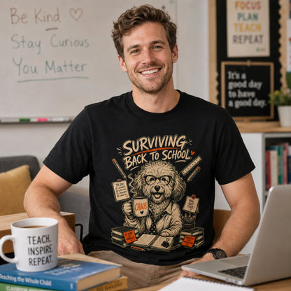 Man wearing a black Surviving Back to School dog teacher T-shirt with coffee, books, and a laptop.