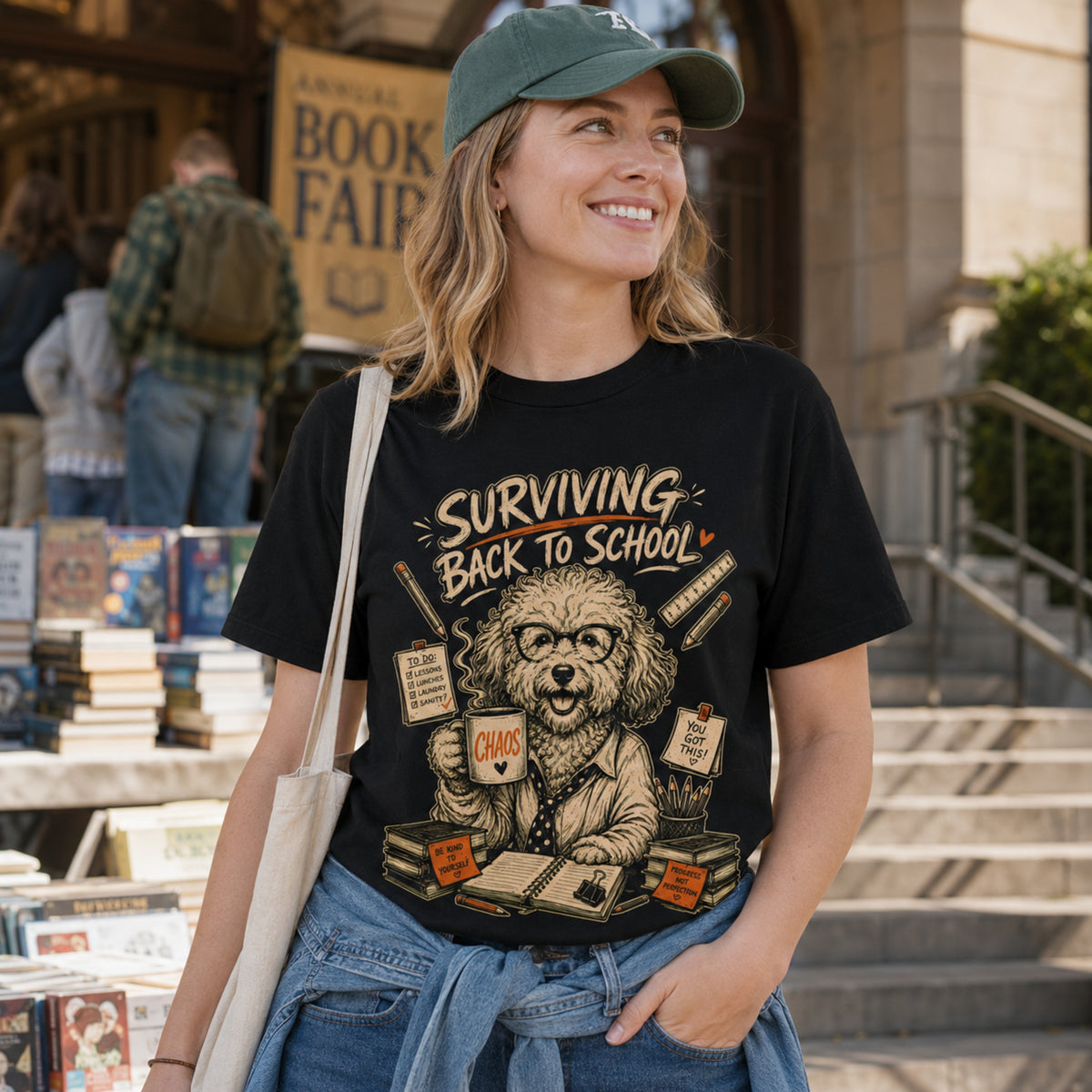 Woman wearing a black Surviving Back to School dog teacher T-shirt at an outdoor book fair.