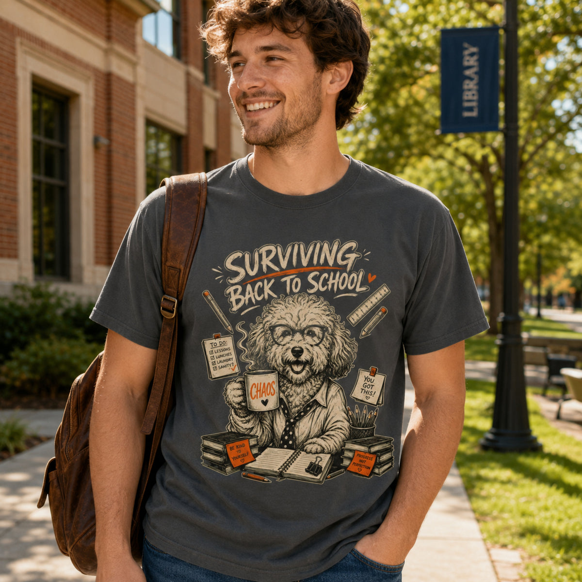 Man wearing a graphite Surviving Back to School dog teacher T-shirt on a campus walkway.