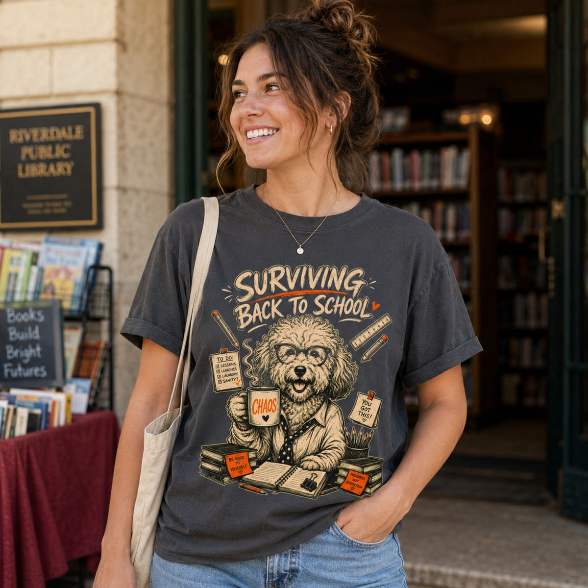 Woman wearing a graphite Surviving Back to School dog teacher T-shirt outside a library.