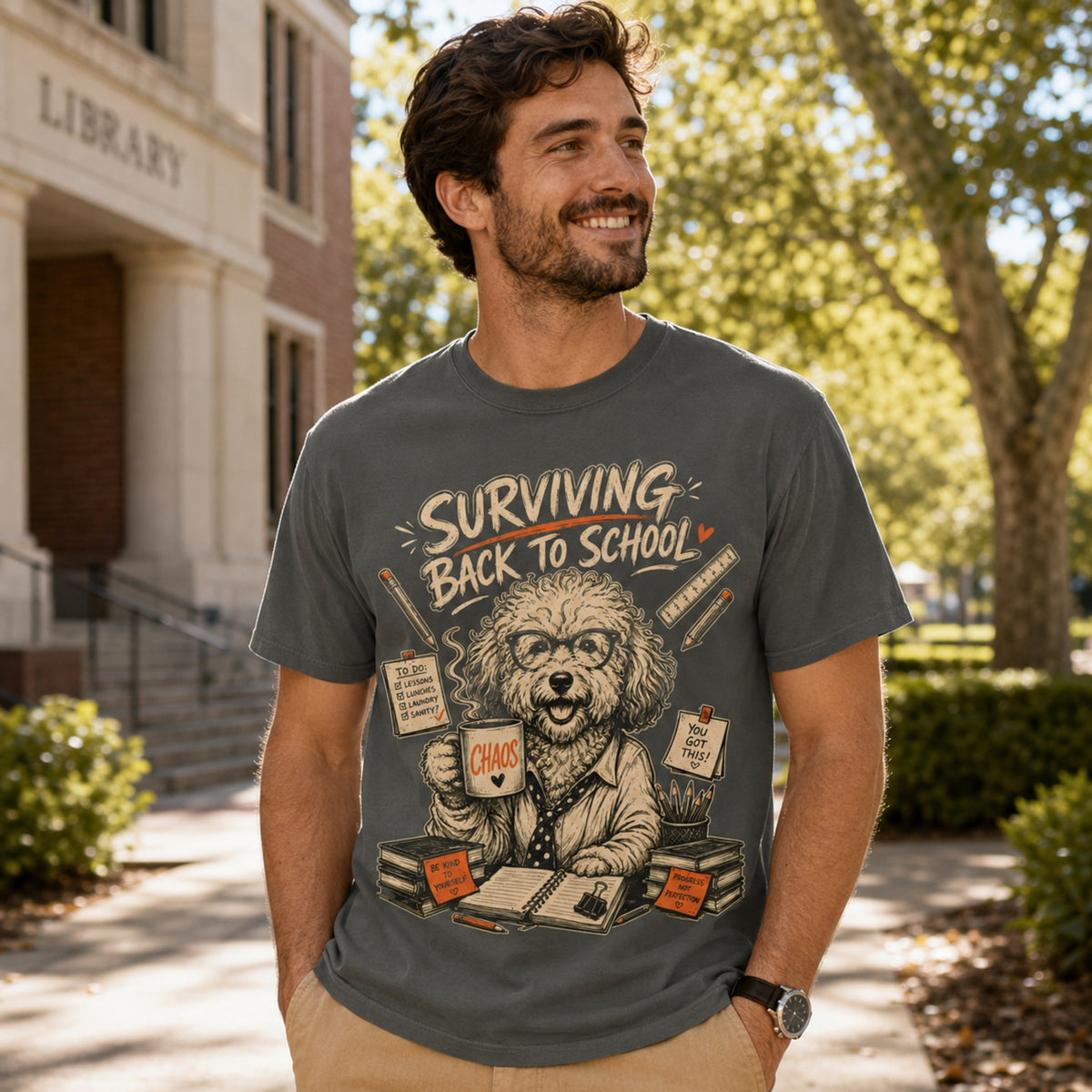 Man wearing a pepper Surviving Back to School dog teacher T-shirt on a campus walkway.