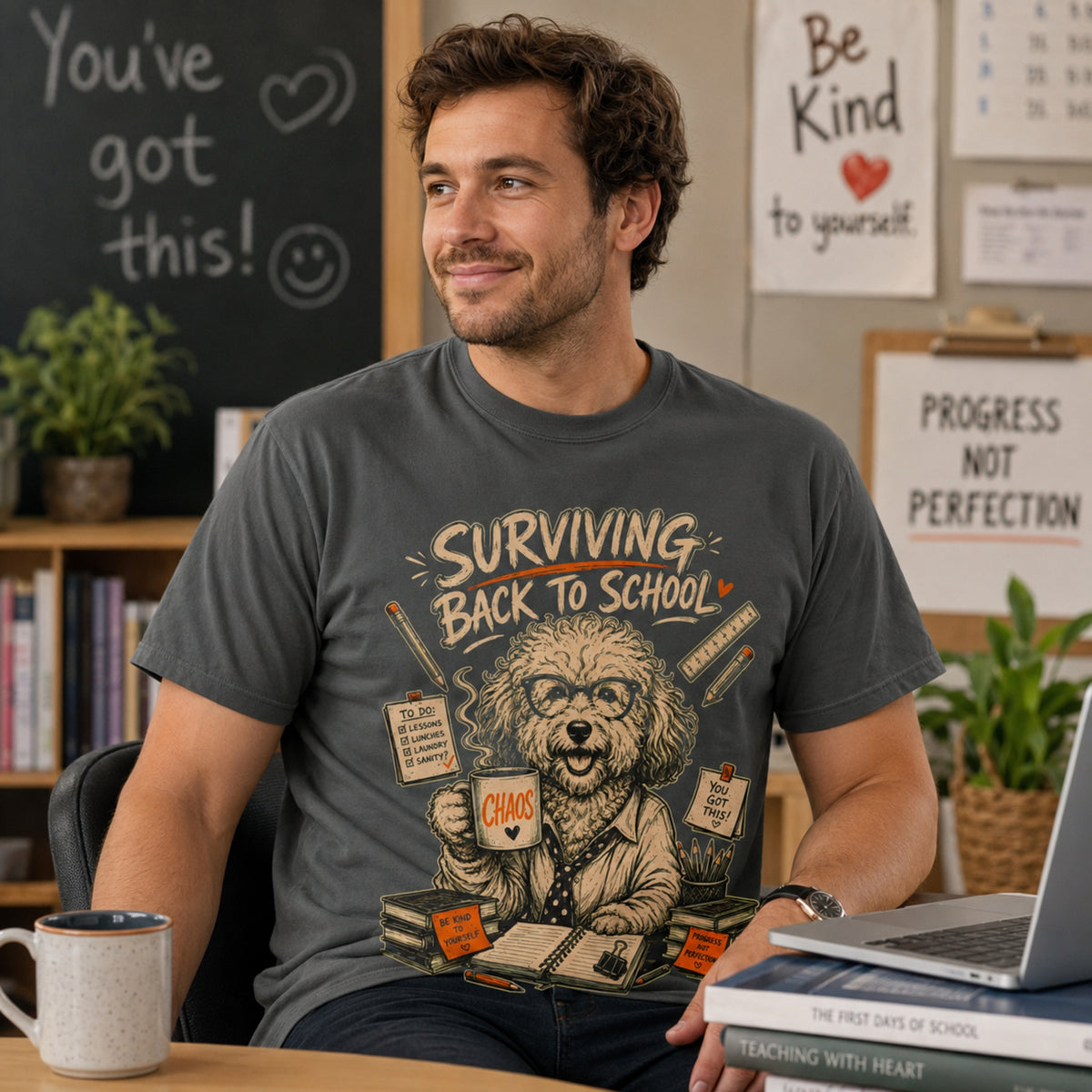 Man wearing a pepper Surviving Back to School dog teacher T-shirt with coffee, books, and a laptop.
