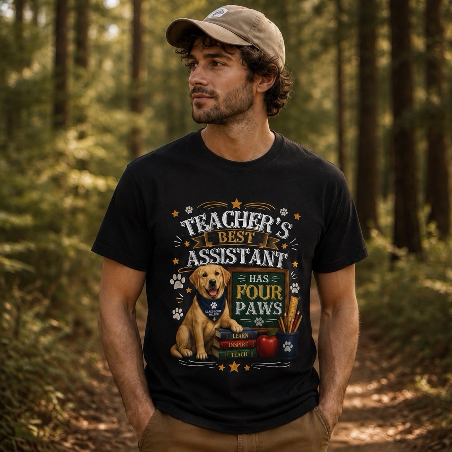 Man wearing a black Teacher's Best Assistant Has Four Paws t-shirt with a Labrador on a forest trail