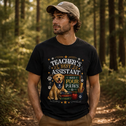 Man wearing a black Teacher's Best Assistant Has Four Paws t-shirt with a Labrador on a forest trail