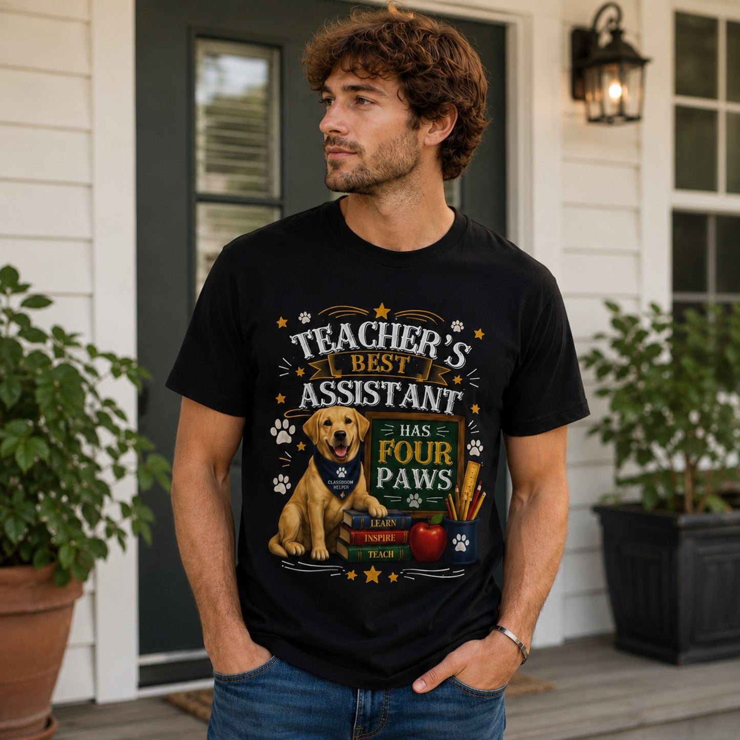Man wearing a black Teacher's Best Assistant Has Four Paws t-shirt with a Labrador on a front porch