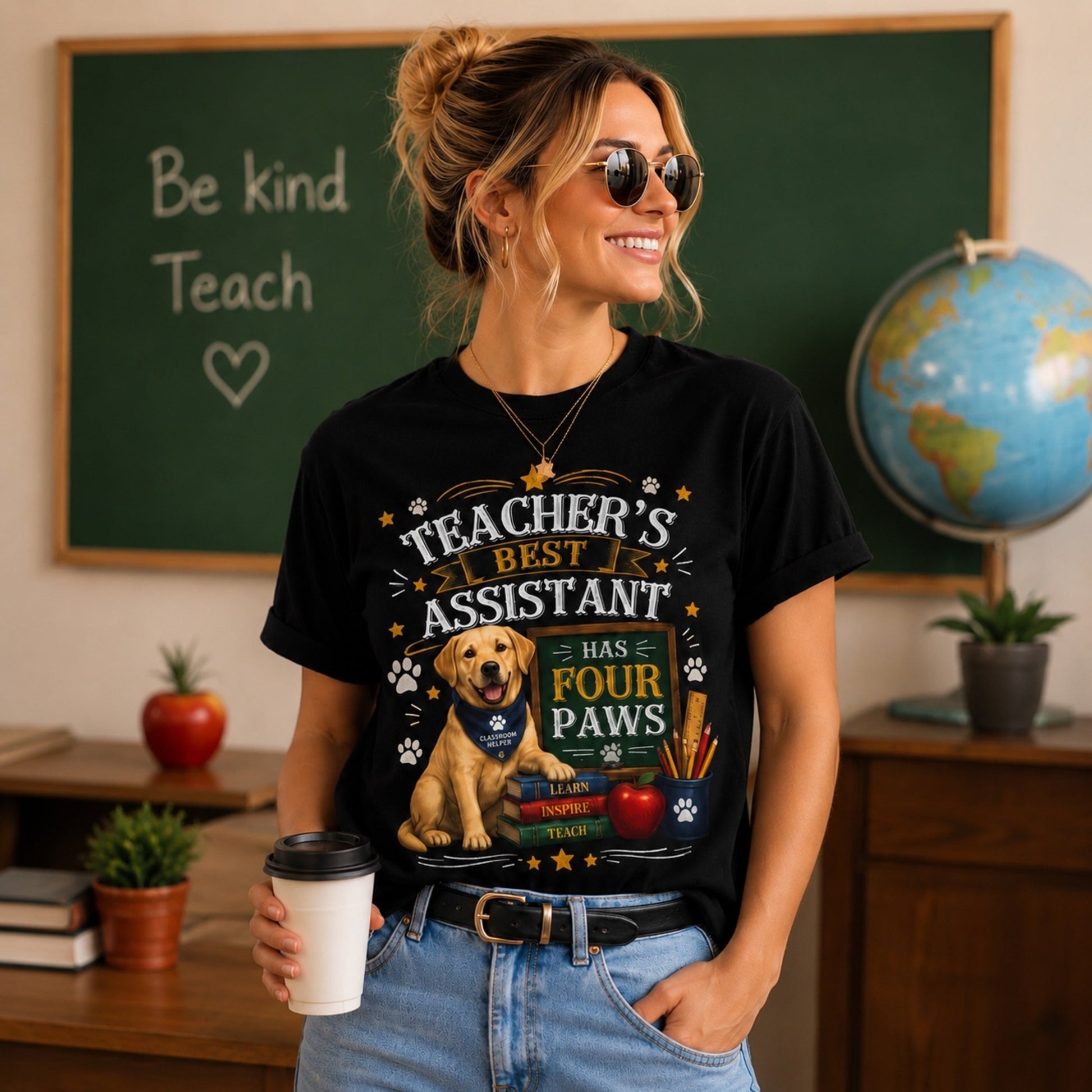 Woman wearing a black Teacher's Best Assistant Has Four Paws t-shirt with a Labrador in a classroom