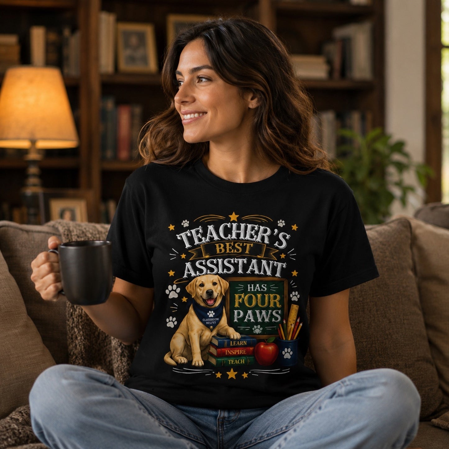 Woman wearing a black Teacher's Best Assistant Has Four Paws t-shirt with a Labrador in a home library