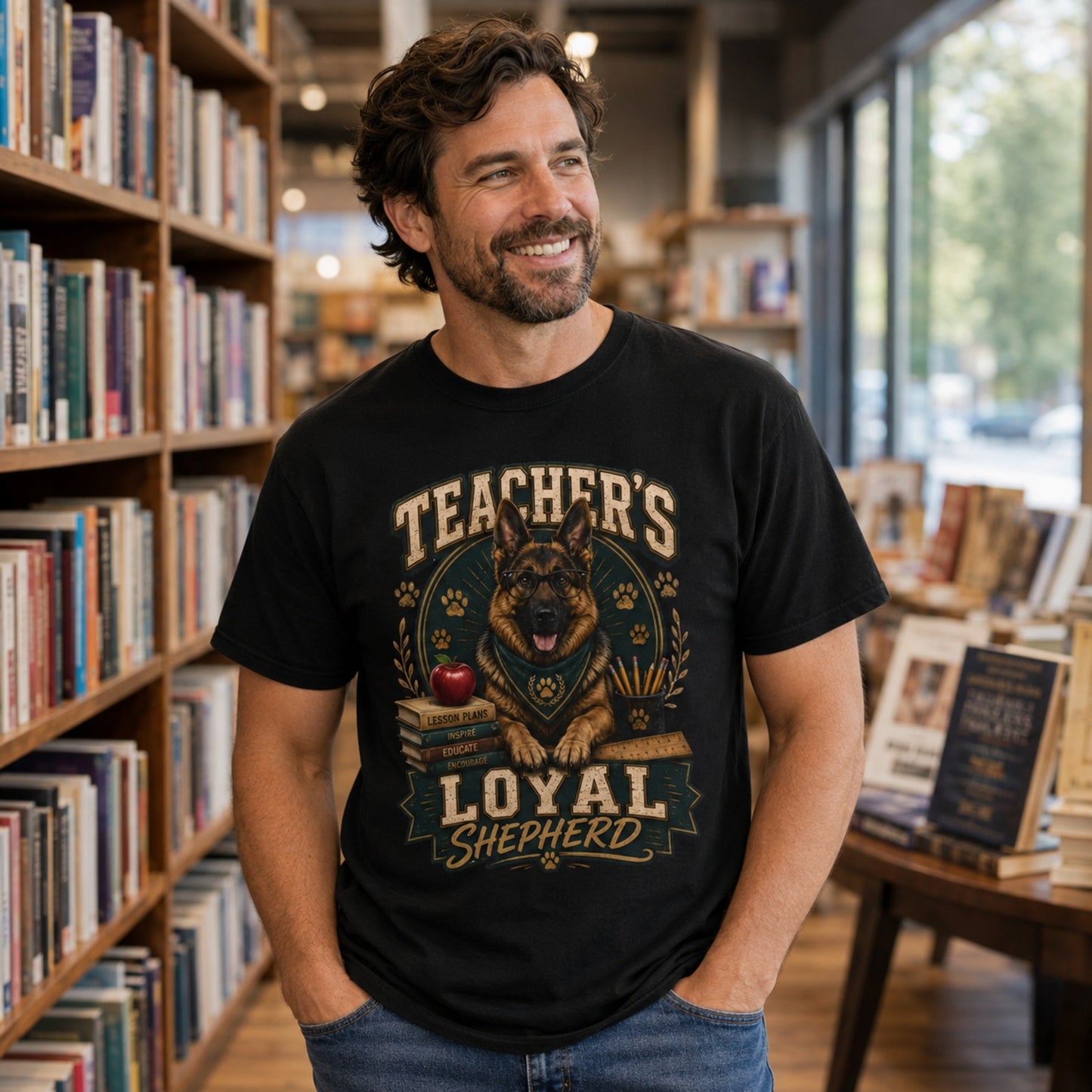 Man wearing a black Teacher’s Loyal Shepherd T-shirt with a German Shepherd graphic in a library lifestyle scene.