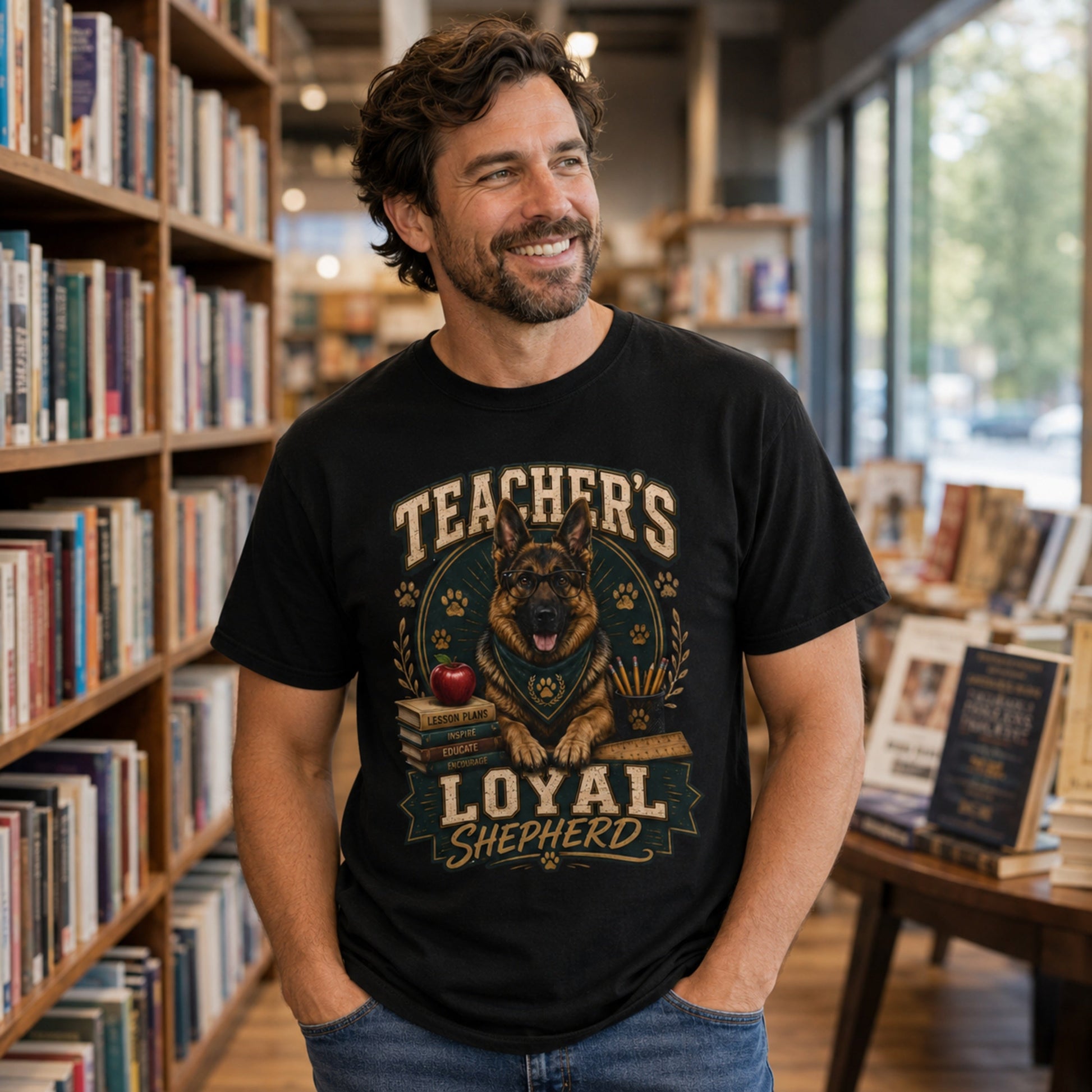Man wearing a black Teacher’s Loyal Shepherd T-shirt with a German Shepherd graphic in a library lifestyle scene.