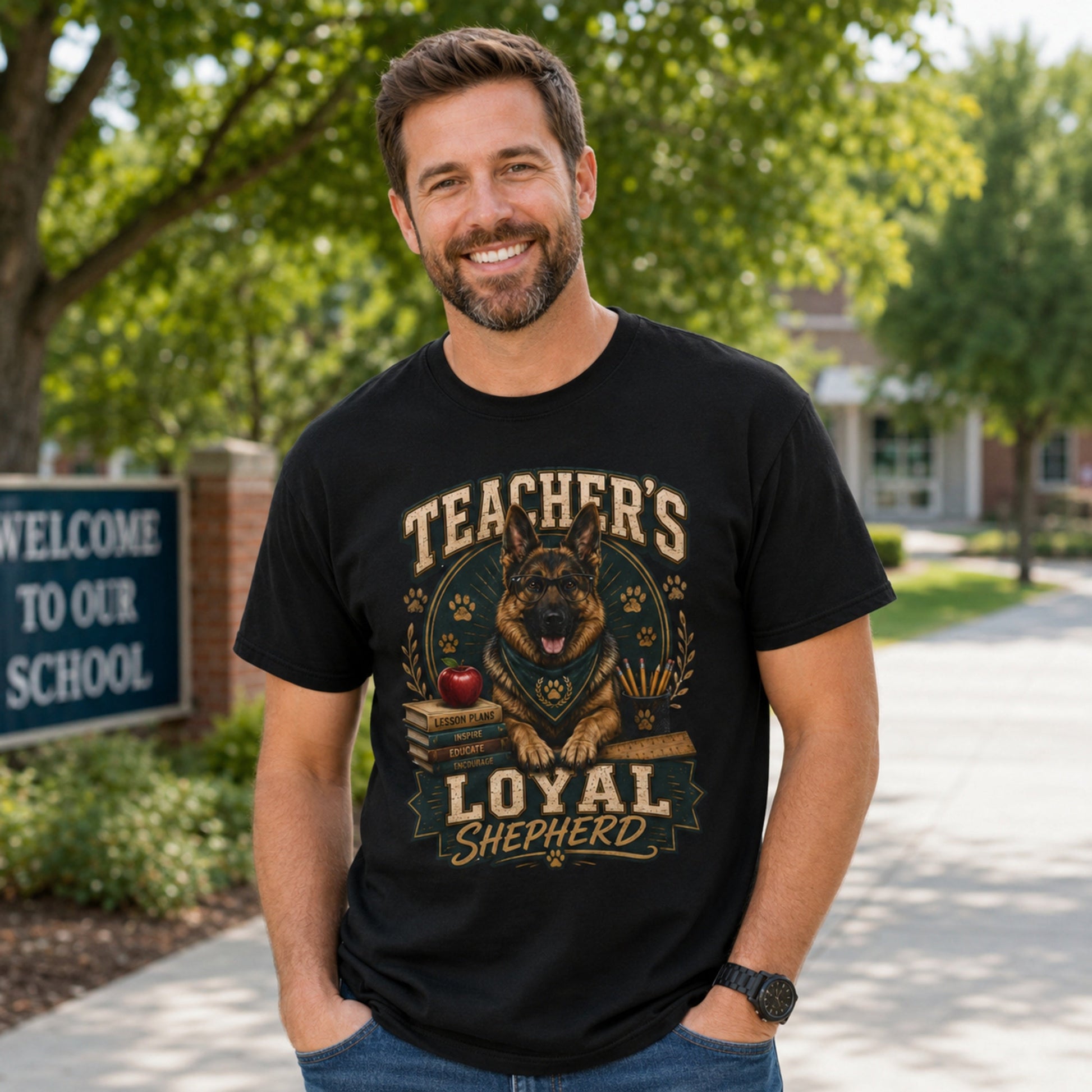 Man wearing a black Teacher’s Loyal Shepherd T-shirt with a German Shepherd graphic in an outdoor school campus scene.