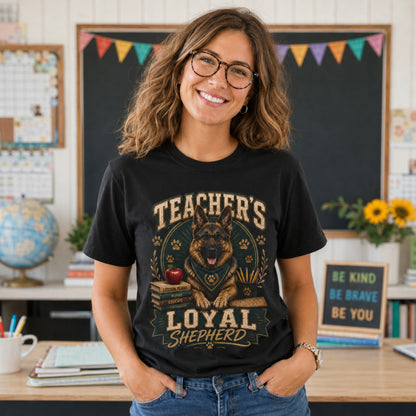 Woman wearing a black Teacher’s Loyal Shepherd T-shirt with a German Shepherd graphic in a classroom lifestyle scene.