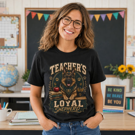 Woman wearing a black Teacher’s Loyal Shepherd T-shirt with a German Shepherd graphic in a classroom lifestyle scene.