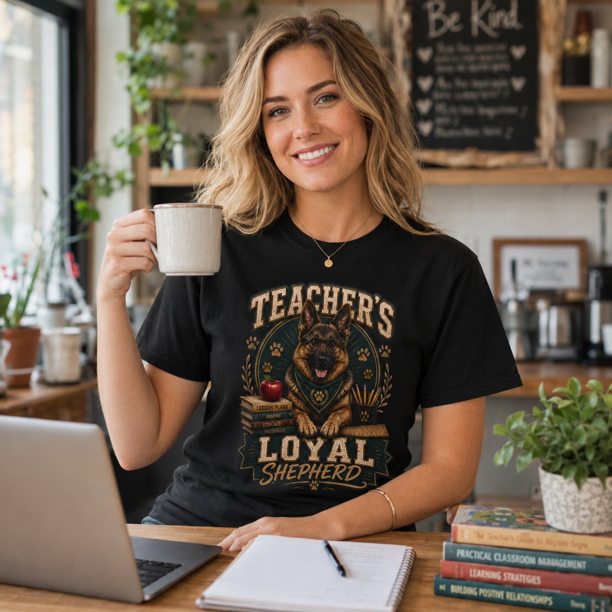 Woman wearing a black Teacher’s Loyal Shepherd T-shirt with a German Shepherd graphic while holding coffee at a teacher planning desk.