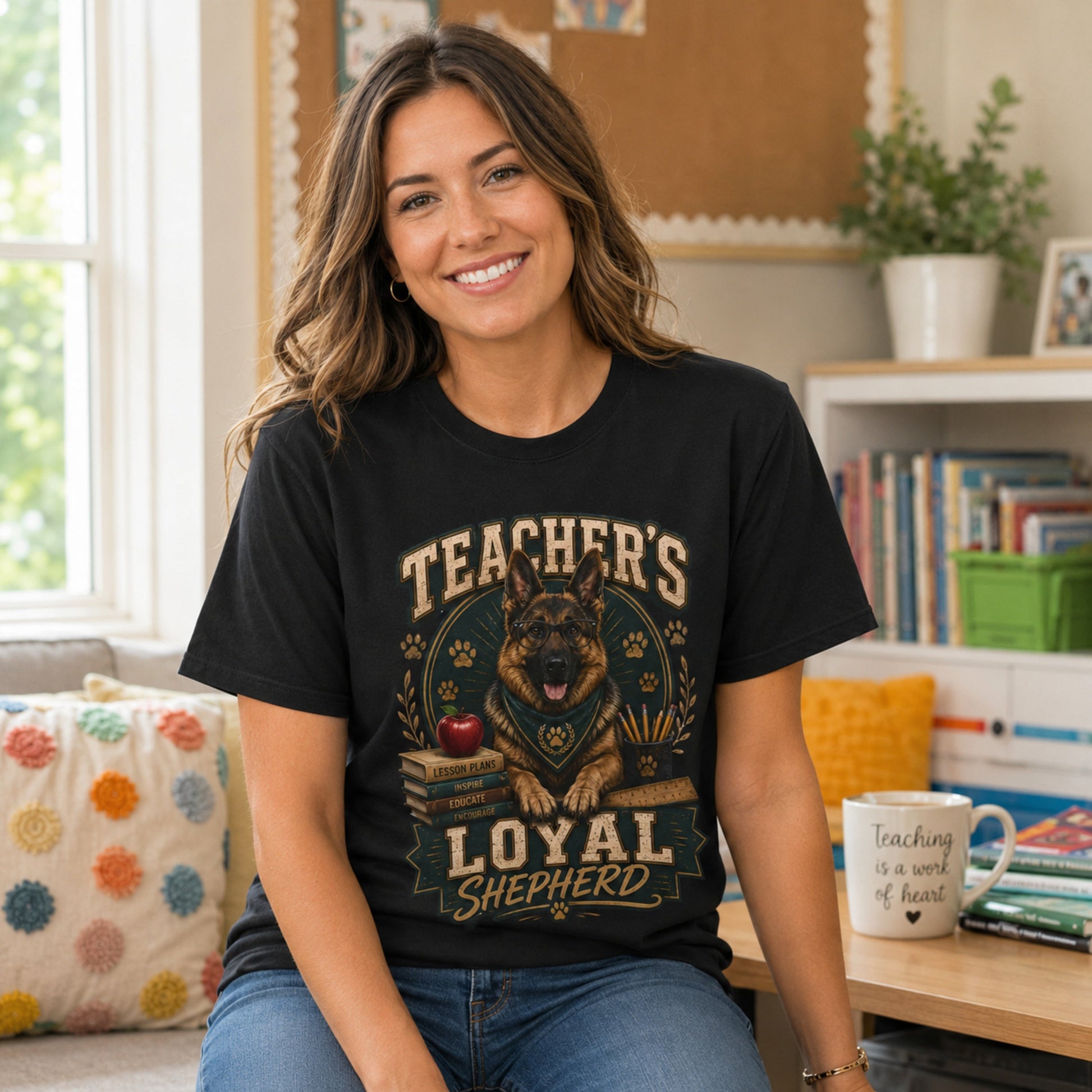 Woman wearing a black Teacher’s Loyal Shepherd T-shirt with a German Shepherd graphic in an indoor teacher workspace scene.