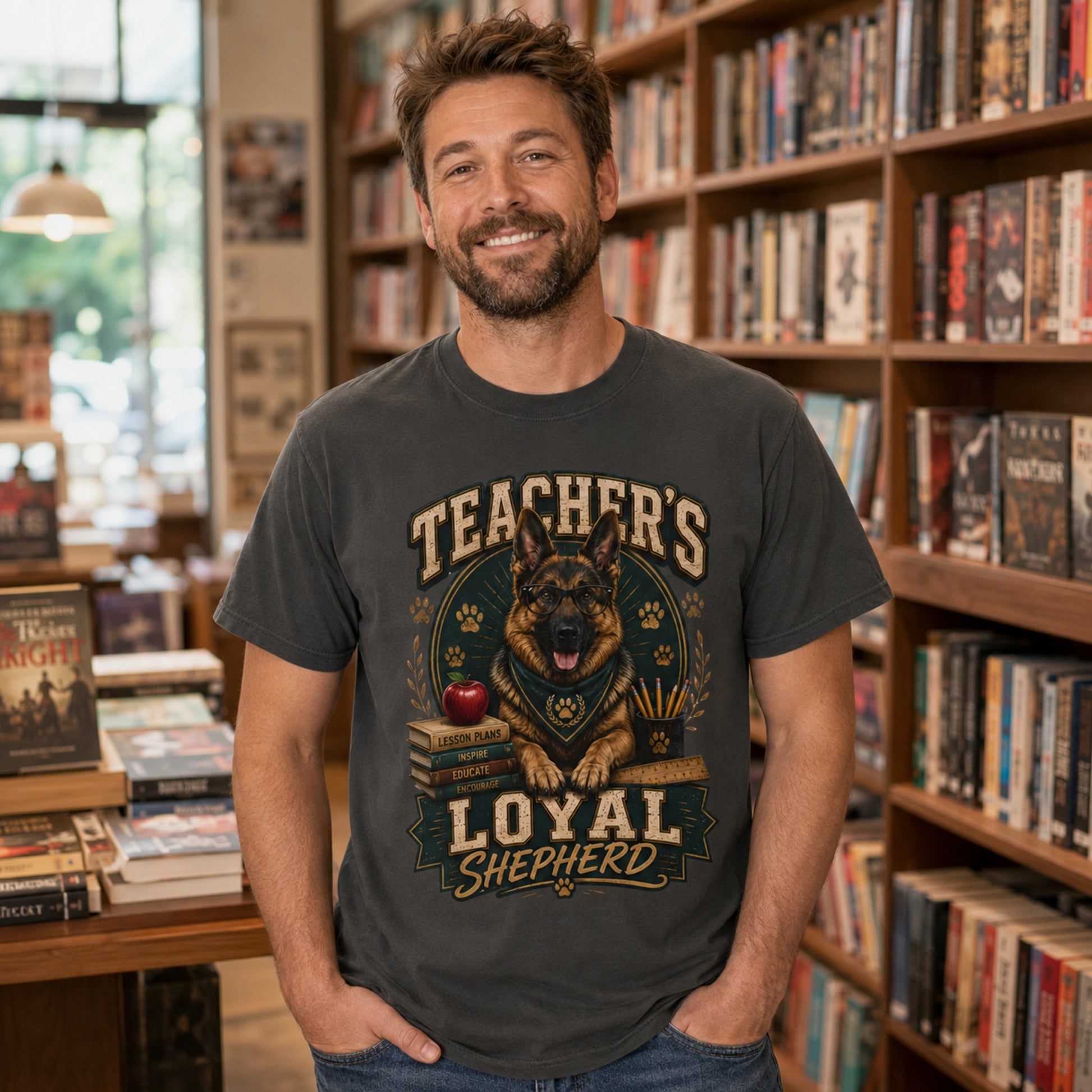 Man wearing a graphite Teacher’s Loyal Shepherd T-shirt with a German Shepherd graphic in a bookstore lifestyle scene.