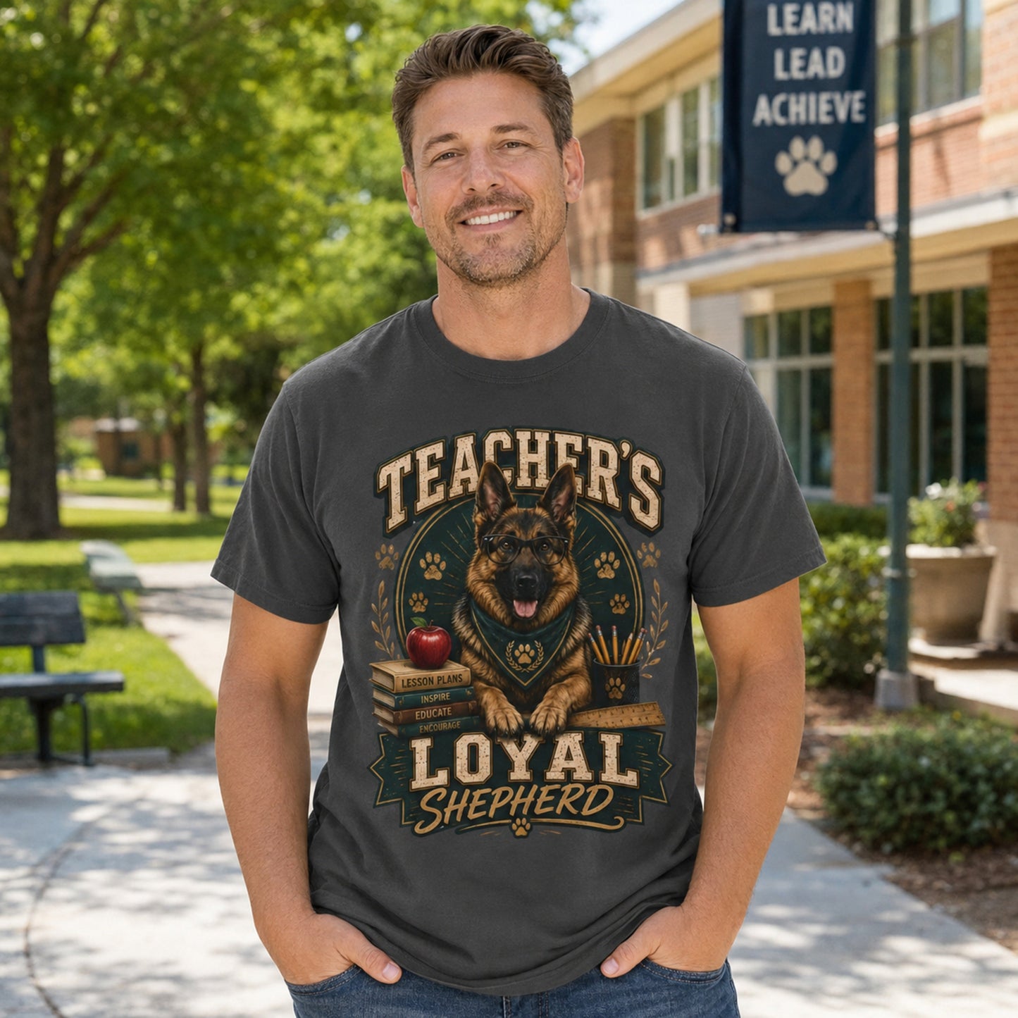Man wearing a graphite Teacher’s Loyal Shepherd T-shirt with a German Shepherd graphic in an outdoor school campus scene.