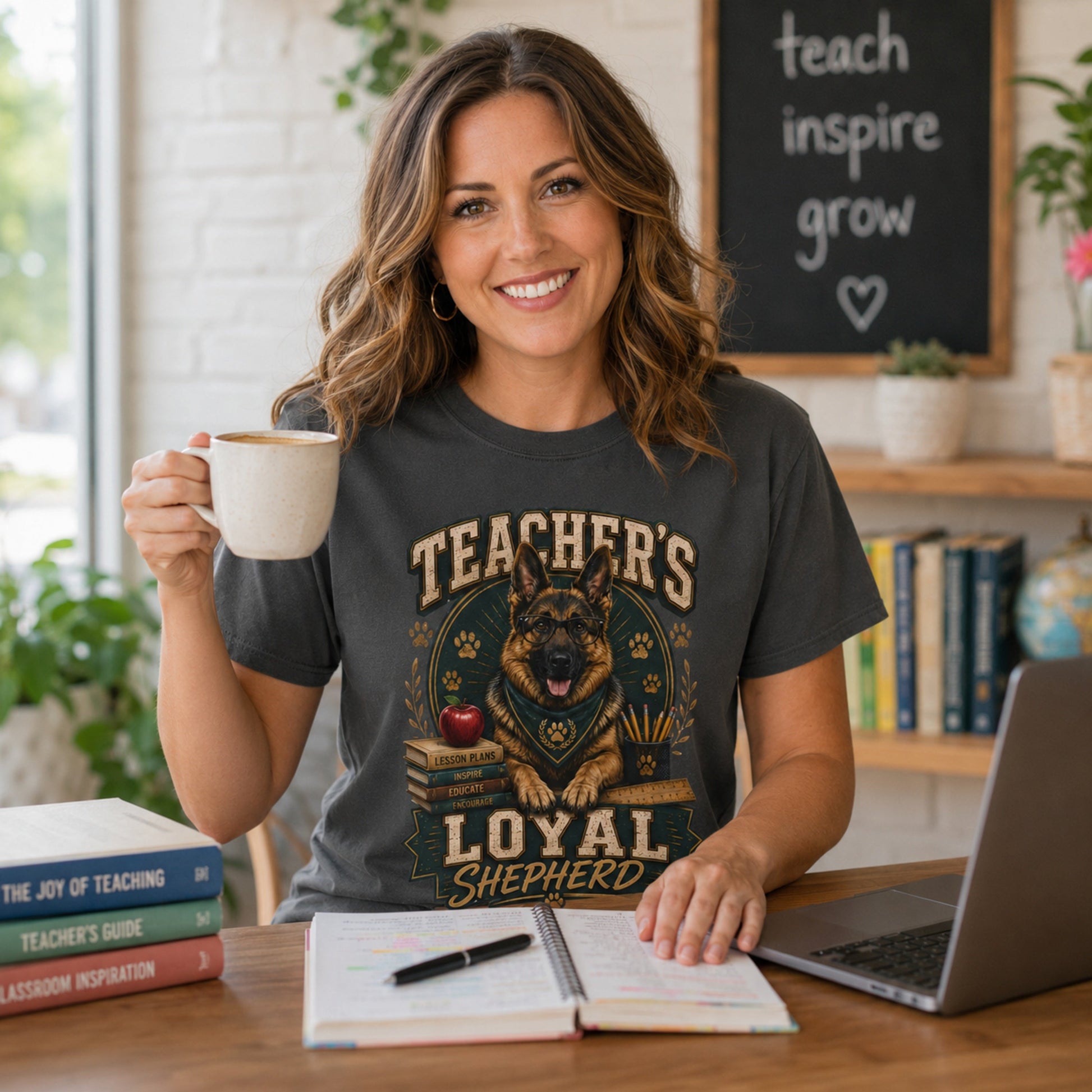 Woman wearing a graphite Teacher’s Loyal Shepherd T-shirt with a German Shepherd graphic while holding coffee at a teacher planning desk.