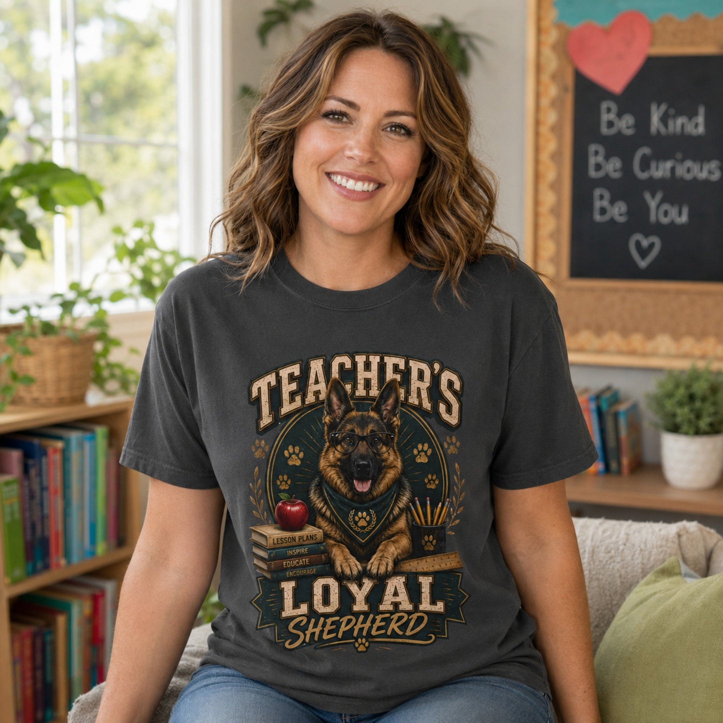 Woman wearing a graphite Teacher’s Loyal Shepherd T-shirt with a German Shepherd graphic in an indoor teacher workspace scene.