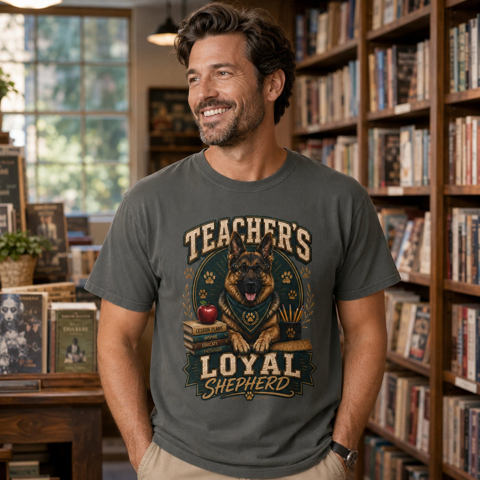 Man wearing a pepper Teacher’s Loyal Shepherd T-shirt with a German Shepherd graphic in a bookstore lifestyle scene.