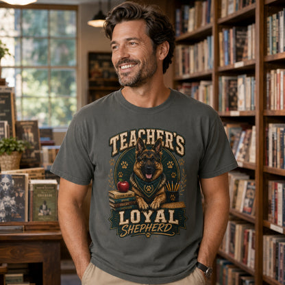 Man wearing a pepper Teacher’s Loyal Shepherd T-shirt with a German Shepherd graphic in a bookstore lifestyle scene.
