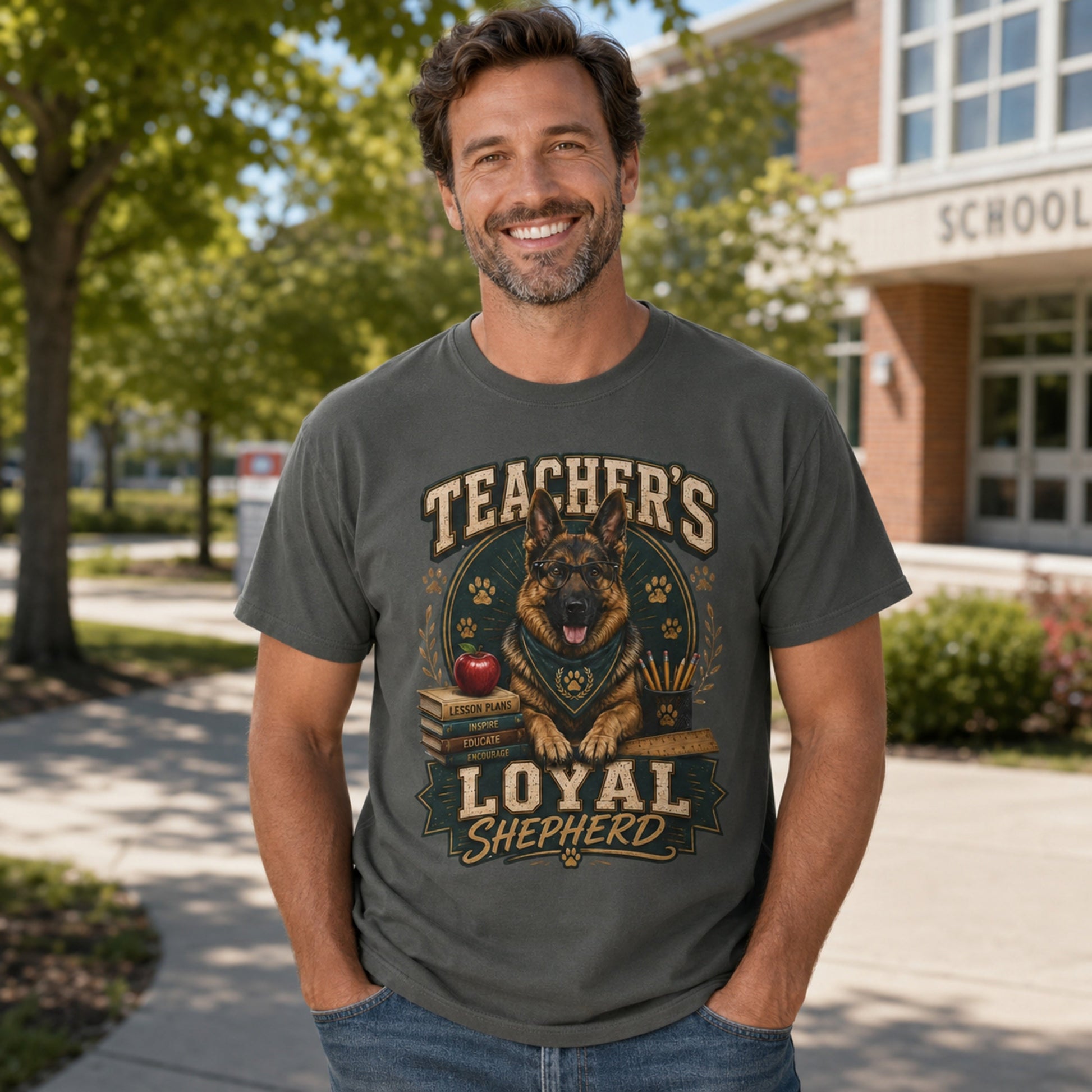 Man wearing a pepper Teacher’s Loyal Shepherd T-shirt with a German Shepherd graphic in an outdoor school campus scene.