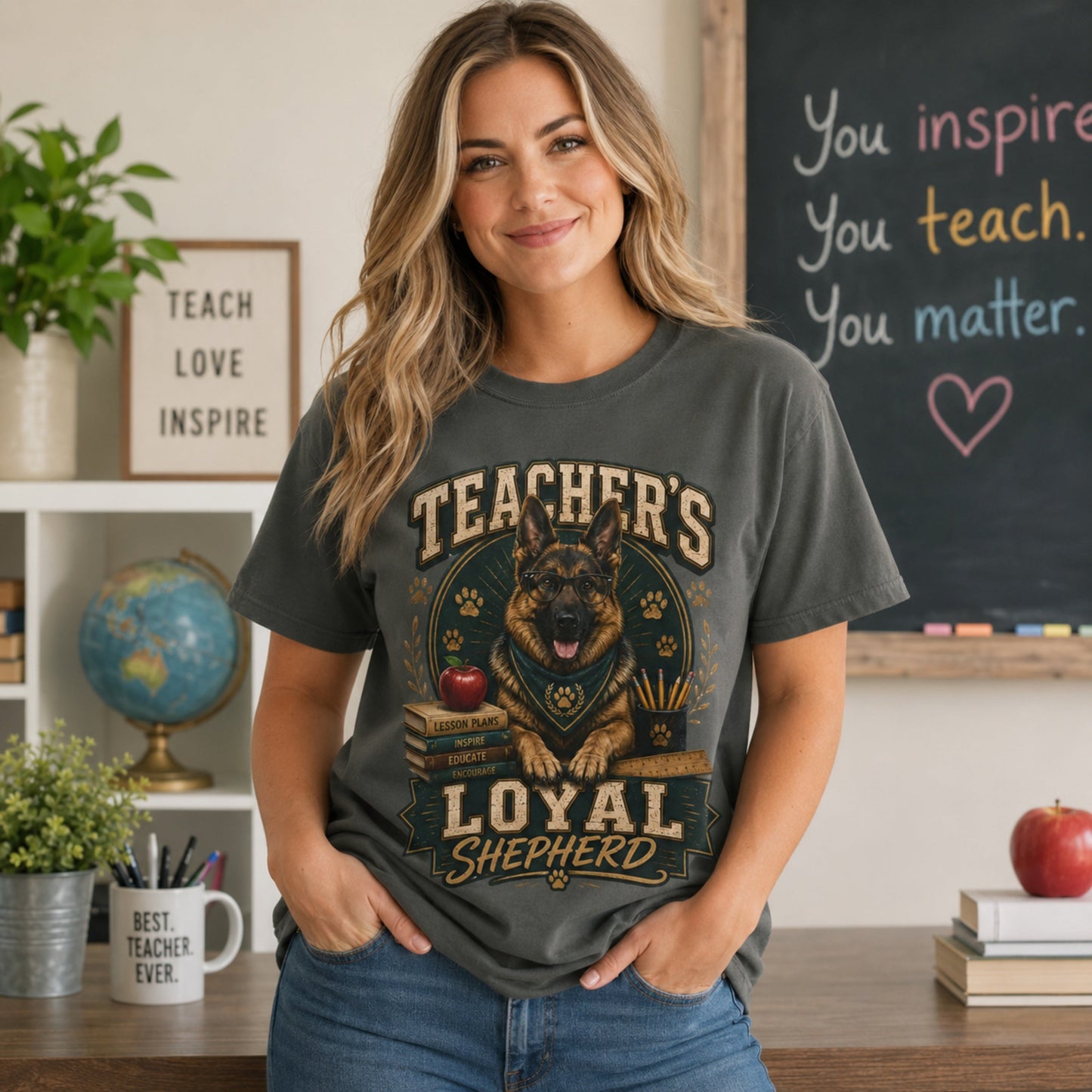 Woman wearing a pepper Teacher’s Loyal Shepherd T-shirt with a German Shepherd graphic in a classroom lifestyle scene.