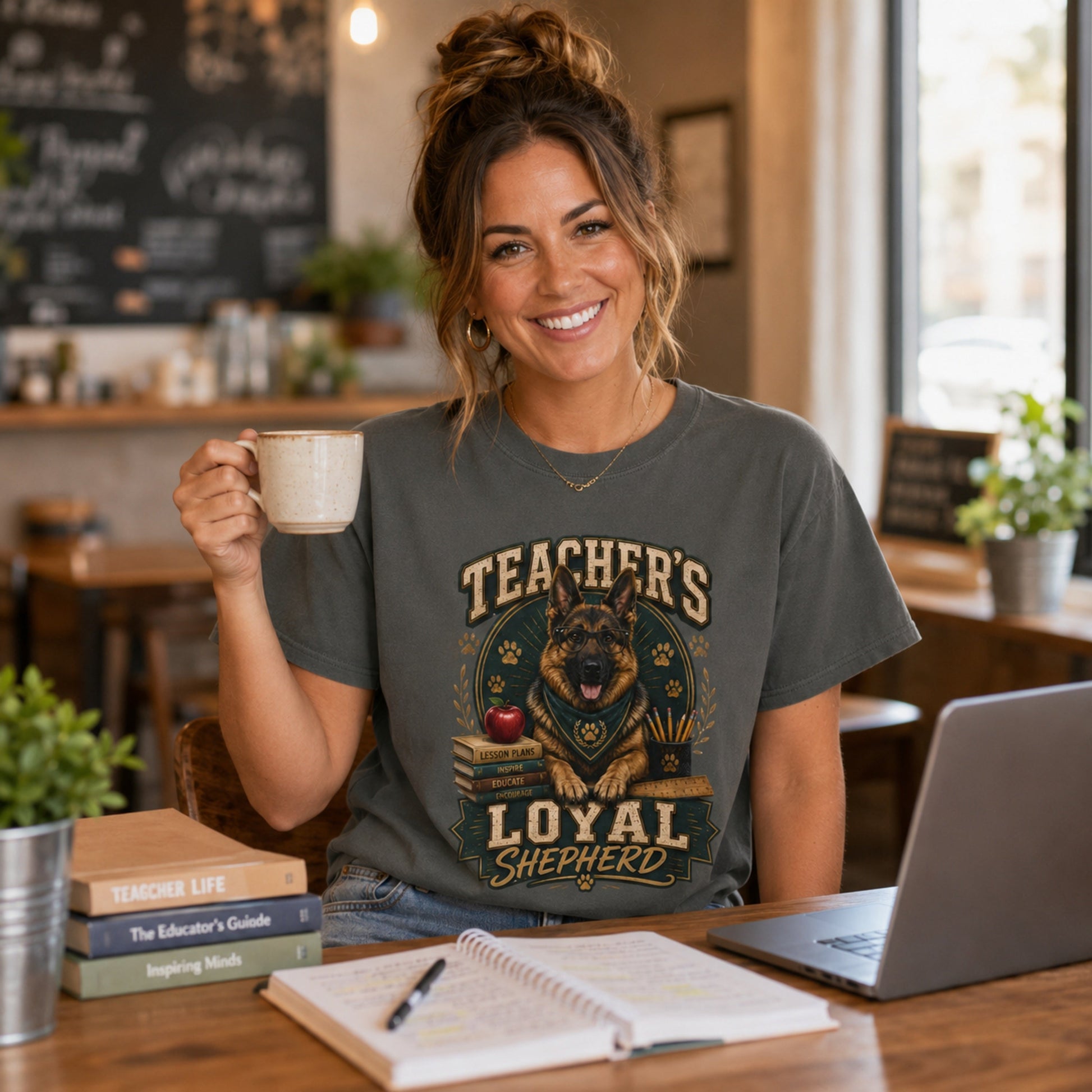 Woman wearing a pepper Teacher’s Loyal Shepherd T-shirt with a German Shepherd graphic while holding coffee at a teacher planning desk.